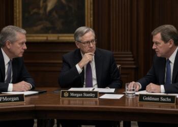 Representantes de JPMorgan, Morgan Stanley y Goldman Sachs reunidos en una mesa de juntas.
