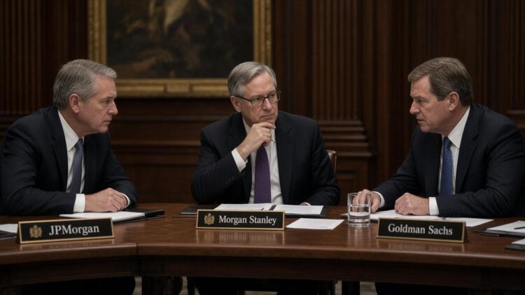 Representantes de JPMorgan, Morgan Stanley y Goldman Sachs reunidos en una mesa de juntas.