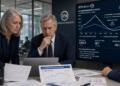 Tres analistas de JPMorgan revisan datos y gráficos sobre el índice de semiconductores.