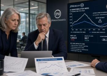 Tres analistas de JPMorgan revisan datos y gráficos sobre el índice de semiconductores.
