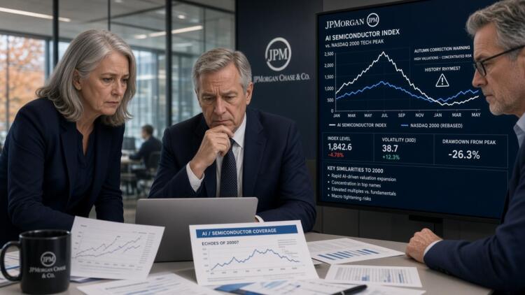 Tres analistas de JPMorgan revisan datos y gráficos sobre el índice de semiconductores.