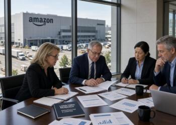 Cuatro ejecutivos analizan documentos en una sala de juntas frente a un centro de Amazon.