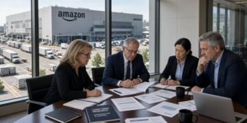 Cuatro ejecutivos analizan documentos en una sala de juntas frente a un centro de Amazon.