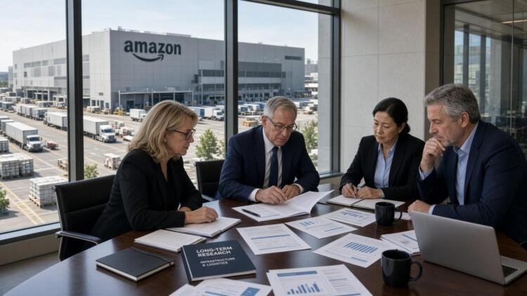 Cuatro ejecutivos analizan documentos en una sala de juntas frente a un centro de Amazon.