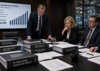 Cuatro ejecutivos en una sala de juntas analizan un programa de inversión en IA.