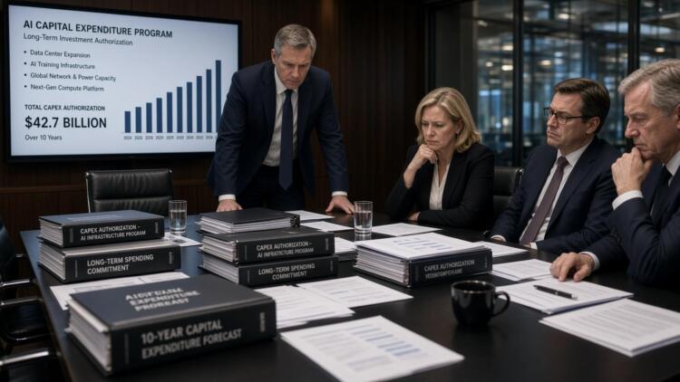 Cuatro ejecutivos en una sala de juntas analizan un programa de inversión en IA.