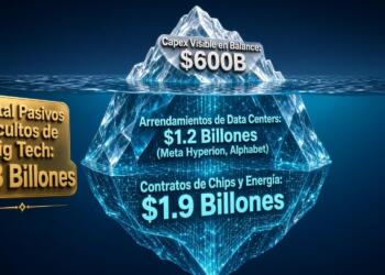Infografía de un iceberg que muestra el capex visible y los pasivos ocultos de Big Tech.