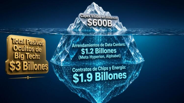 Infografía de un iceberg que muestra el capex visible y los pasivos ocultos de Big Tech.