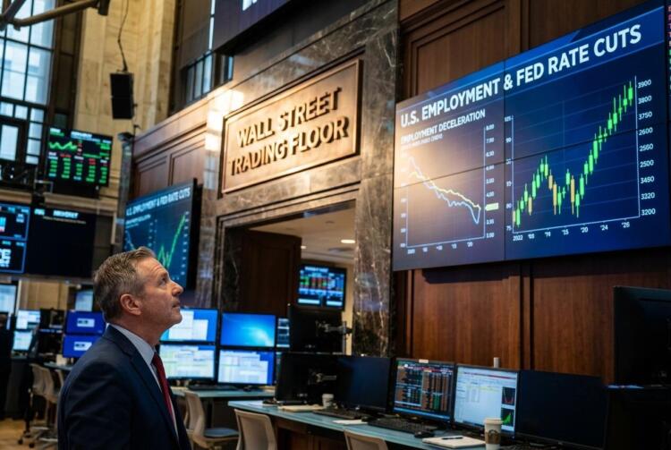 Hombre de traje observa pantallas gigantes en el piso de operaciones de Wall Street.