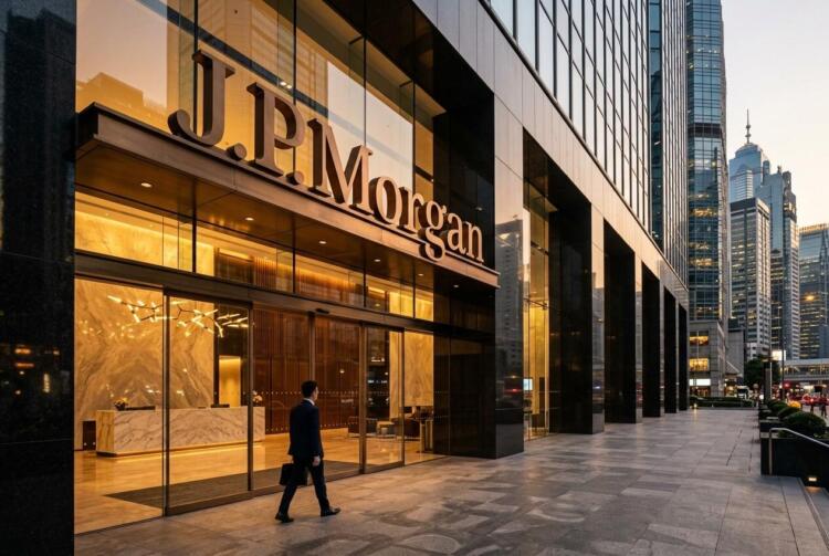 Hombre camina frente a la entrada de cristal del edificio corporativo de J.P. Morgan.