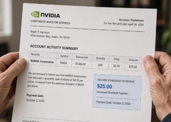 Manos sostienen un estado de cuenta corporativo de inversor con detalles de Nvidia.