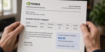 Manos sostienen un estado de cuenta corporativo de inversor con detalles de Nvidia.
