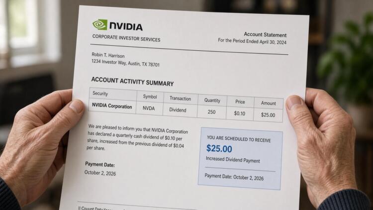 Manos sostienen un estado de cuenta corporativo de inversor con detalles de Nvidia.