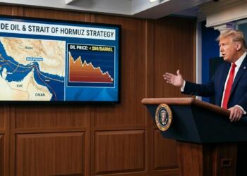 Donald Trump habla en un podio frente a una pantalla con mapas y gráficos de petróleo.