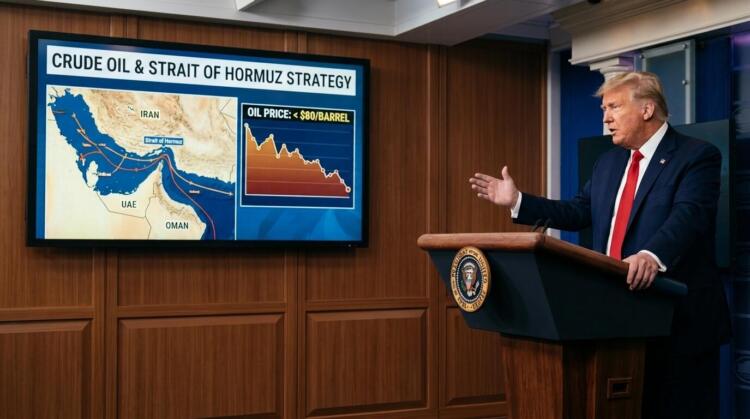 Donald Trump habla en un podio frente a una pantalla con mapas y gráficos de petróleo.
