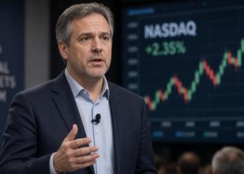 Ponente gesticula en el Global Markets Forum frente a una pantalla con datos del Nasdaq.