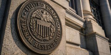 Primer plano del sello de la Fed en la fachada de su sede central.