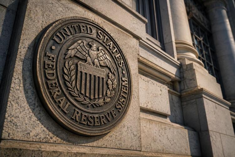 Primer plano del sello de la Fed en la fachada de su sede central.
