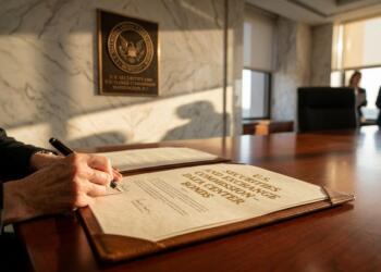 Persona firma un documento oficial de la U.S. Securities and Exchange Commission.