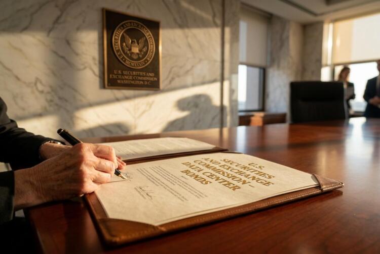 Persona firma un documento oficial de la U.S. Securities and Exchange Commission.