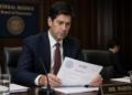 Funcionario sentado en una mesa de la Reserva Federal lee un documento titulado FOMC.