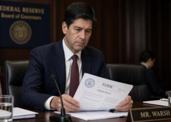 Funcionario sentado en una mesa de la Reserva Federal lee un documento titulado FOMC.