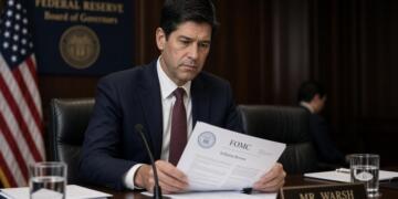 Funcionario sentado en una mesa de la Reserva Federal lee un documento titulado FOMC.
