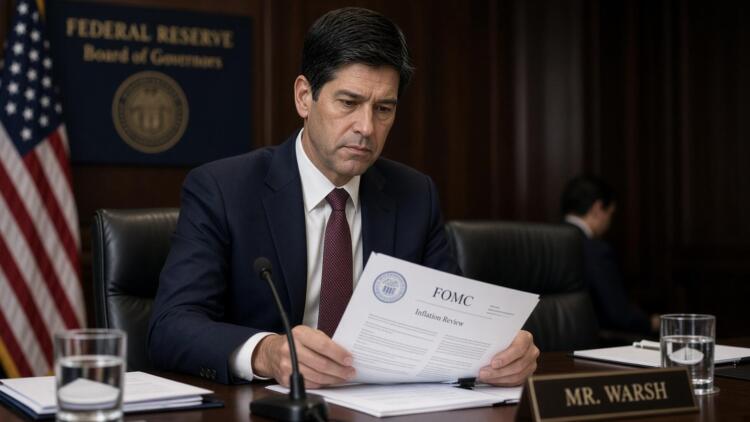 Funcionario sentado en una mesa de la Reserva Federal lee un documento titulado FOMC.
