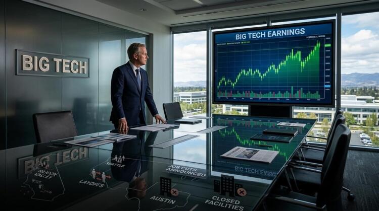 Hombre de pie en sala de juntas de Big Tech con pantalla de ganancias y mapa de despidos.