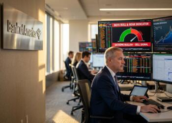 Ejecutivo de Bank of America frente a pantallas con el indicador Bull & Bear en extremo.