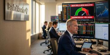 Ejecutivo de Bank of America frente a pantallas con el indicador Bull & Bear en extremo.