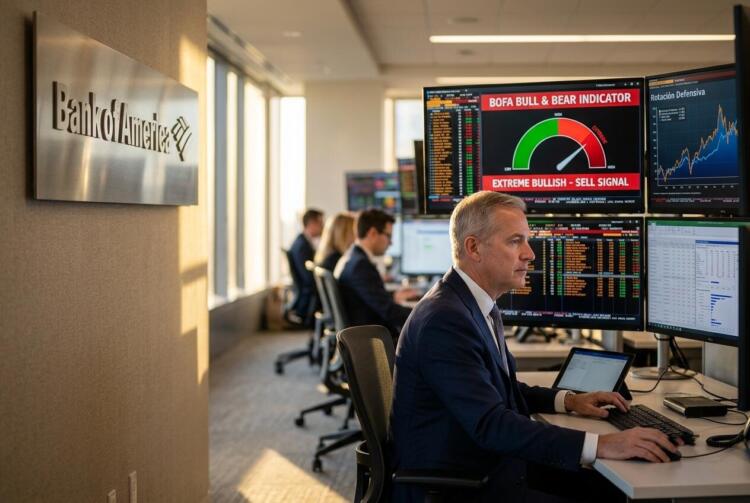 Ejecutivo de Bank of America frente a pantallas con el indicador Bull & Bear en extremo.