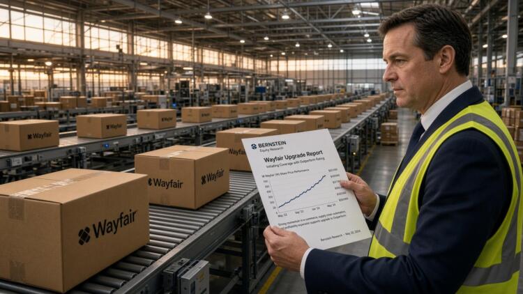 Hombre con chaleco sostiene un reporte de Wayfair frente a una línea de cajas.