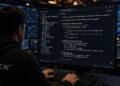 Hombre con sudadera de SpaceX escribe código en un monitor frente a paneles de control.