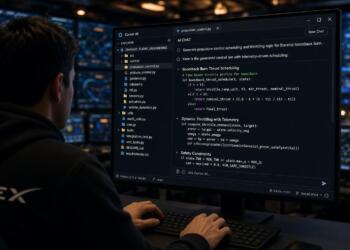 Hombre con sudadera de SpaceX escribe código en un monitor frente a paneles de control.