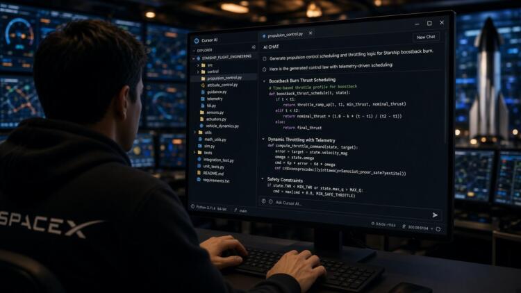 Hombre con sudadera de SpaceX escribe código en un monitor frente a paneles de control.