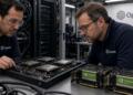 Dos ingenieros con indumentaria de OpenAI revisan componentes de hardware con chips Nvidia.