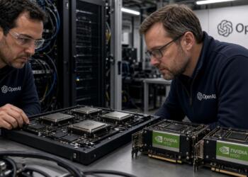 Dos ingenieros con indumentaria de OpenAI revisan componentes de hardware con chips Nvidia.