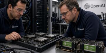 Dos ingenieros con indumentaria de OpenAI revisan componentes de hardware con chips Nvidia.