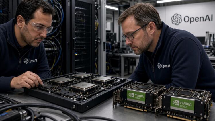 Dos ingenieros con indumentaria de OpenAI revisan componentes de hardware con chips Nvidia.