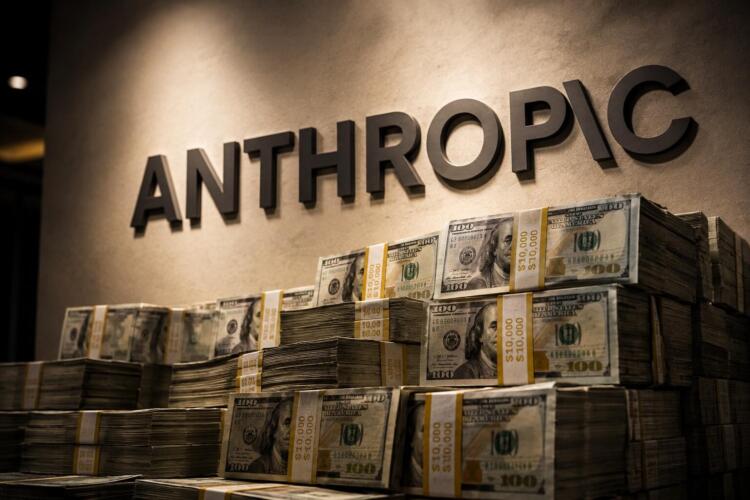 Anthropic junto a grandes pilas de billetes por sus ingresos.