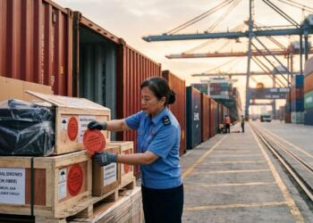 Mujer inspecciona cajas de madera con etiquetas de drones en una terminal portuaria.