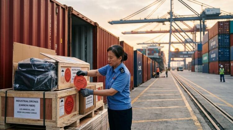 Mujer inspecciona cajas de madera con etiquetas de drones en una terminal portuaria.