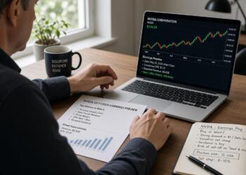 Operador revisa gráficos y notas en un portátil sobre las ganancias trimestrales de Nvidia.