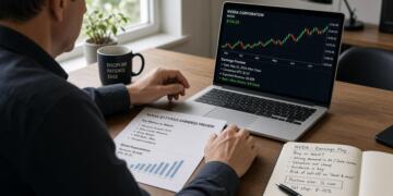 Operador revisa gráficos y notas en un portátil sobre las ganancias trimestrales de Nvidia.