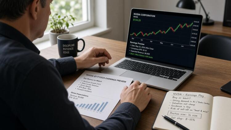 Operador revisa gráficos y notas en un portátil sobre las ganancias trimestrales de Nvidia.