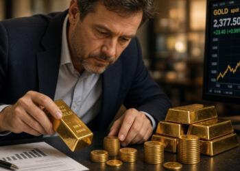 Un inversor examina un lingote de oro y monedas junto a una pantalla con el precio al contado.