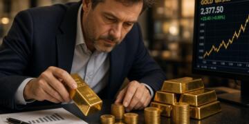 Un inversor examina un lingote de oro y monedas junto a una pantalla con el precio al contado.