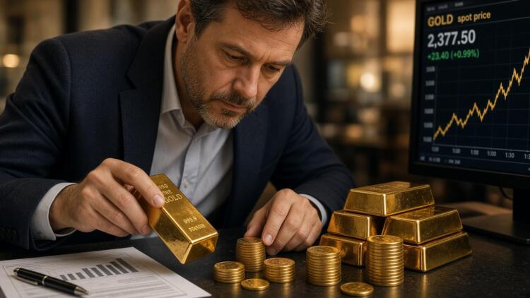 Un inversor examina un lingote de oro y monedas junto a una pantalla con el precio al contado.