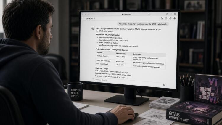 Persona consulta en un monitor a ChatGPT sobre el impacto accionario del tráiler de GTA 6.